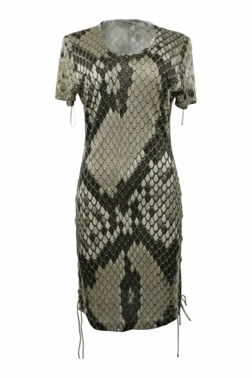 Taupe viscose python digi-print short sleeve sheath dress with lace-up sleeves and sides