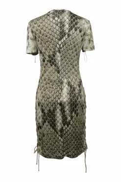 Taupe viscose python digi-print short sleeve sheath dress with lace-up sleeves and sides