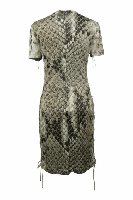 Taupe viscose python digi-print short sleeve sheath dress with lace-up sleeves and sides
