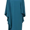 Teal acetate-blend bateau neck shift dress with cascade drape batwing sleeves