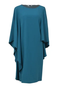 Teal acetate-blend bateau neck shift dress with cascade drape batwing sleeves