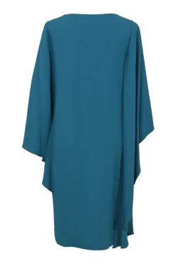 Teal acetate-blend bateau neck shift dress with cascade drape batwing sleeves