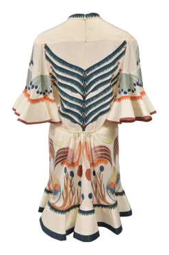 Teal and buttercream silk abstract graphic print mock neck flounce sleeve mini dress