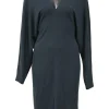 Teal bias-cut jersey knit plunge neck dolman sleeve pullover blouson sheath dress with ruched back