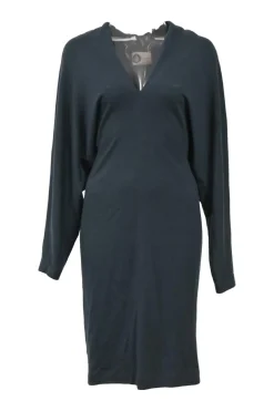 Teal bias-cut jersey knit plunge neck dolman sleeve pullover blouson sheath dress with ruched back