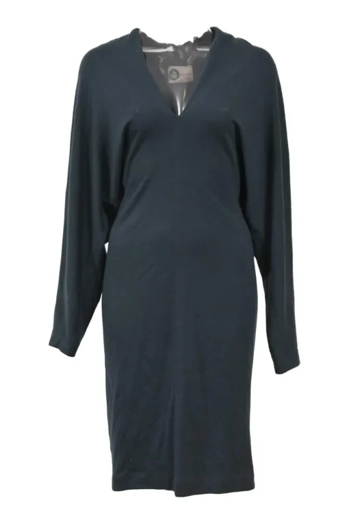 Teal bias-cut jersey knit plunge neck dolman sleeve pullover blouson sheath dress with ruched back