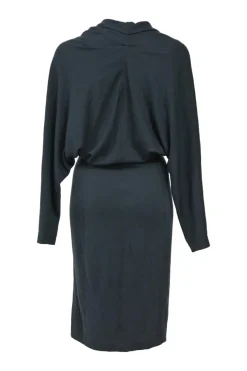 Teal bias-cut jersey knit plunge neck dolman sleeve pullover blouson sheath dress with ruched back