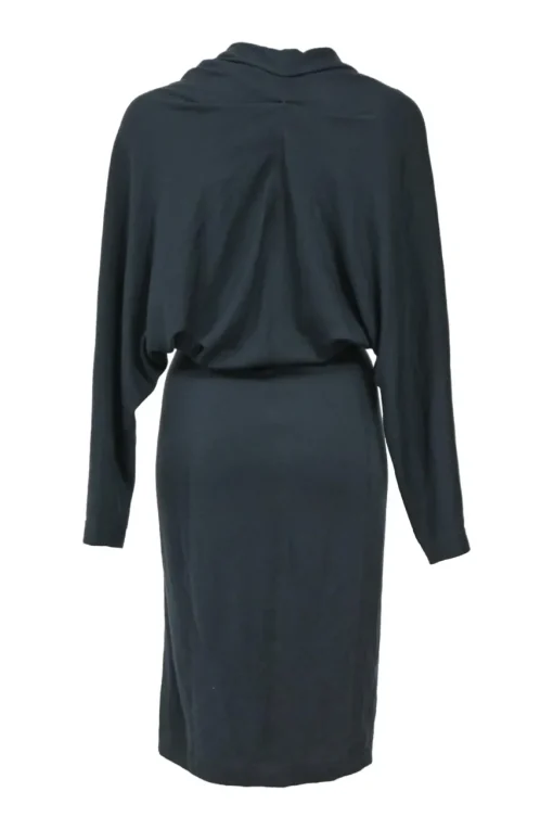 Teal bias-cut jersey knit plunge neck dolman sleeve pullover blouson sheath dress with ruched back