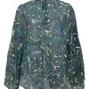 Teal cotton abstract print band collar half-button pullover long sleeve blouse