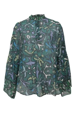 Teal cotton abstract print band collar half-button pullover long sleeve blouse