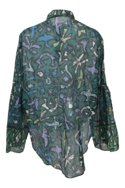 Teal cotton abstract print band collar half-button pullover long sleeve blouse