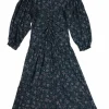 Teal cotton gauze floral print keyhole front Mariana ruched midi dress with elasticated balloon sleeves