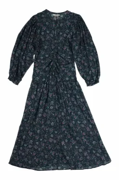 Teal cotton gauze floral print keyhole front Mariana ruched midi dress with elasticated balloon sleeves