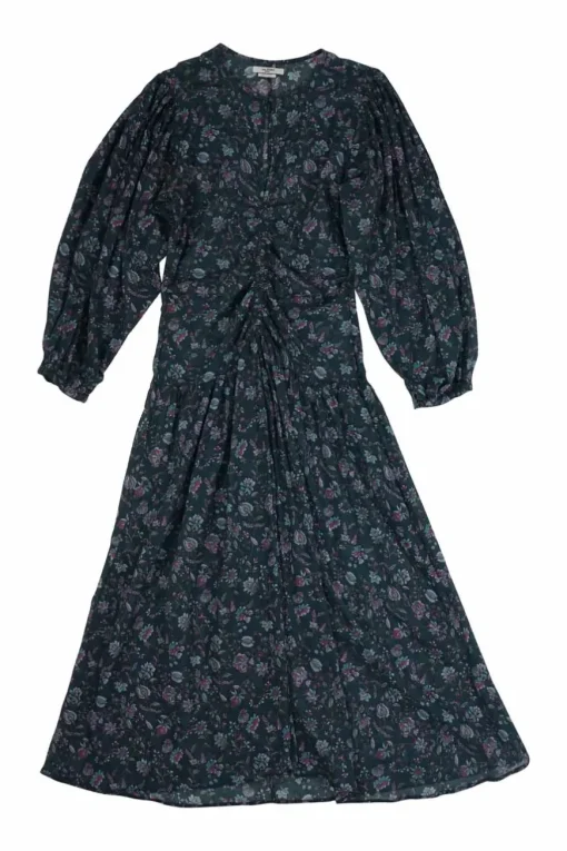 Teal cotton gauze floral print keyhole front Mariana ruched midi dress with elasticated balloon sleeves
