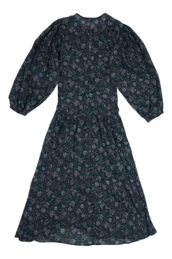 Teal cotton gauze floral print keyhole front Mariana ruched midi dress with elasticated balloon sleeves