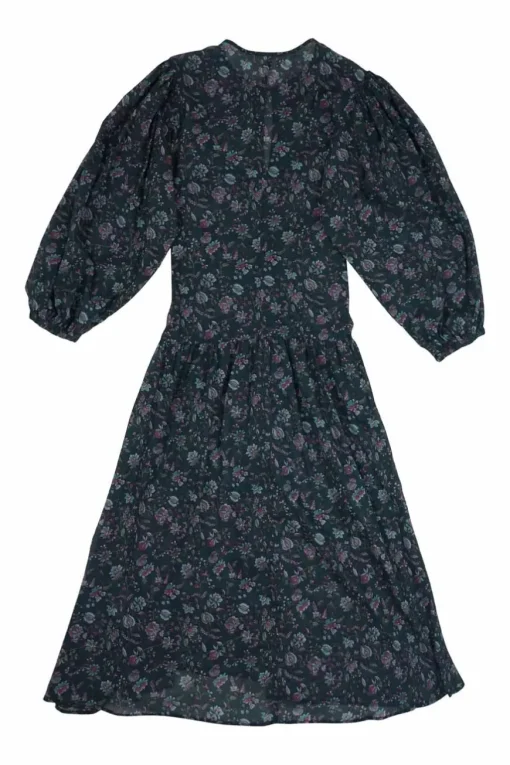 Teal cotton gauze floral print keyhole front Mariana ruched midi dress with elasticated balloon sleeves