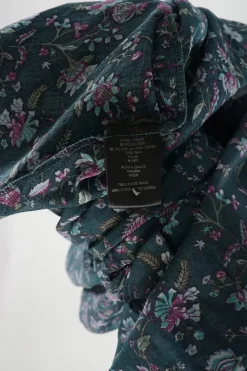 Teal cotton gauze floral print keyhole front Mariana ruched midi dress with elasticated balloon sleeves