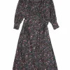 Teal cotton voile floral print ruffled stand collar wrap midi dress with button cuff blouson sleeves