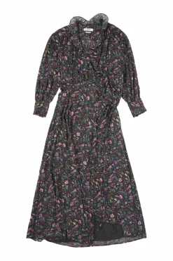 Teal cotton voile floral print ruffled stand collar wrap midi dress with button cuff blouson sleeves