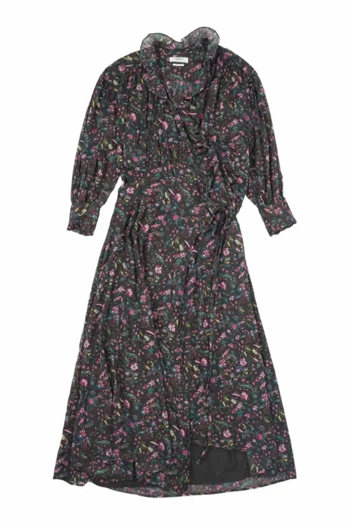 Teal cotton voile floral print ruffled stand collar wrap midi dress with button cuff blouson sleeves