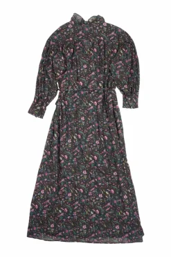 Teal cotton voile floral print ruffled stand collar wrap midi dress with button cuff blouson sleeves