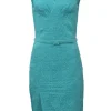 Teal cotton-blend bouclé tweed wrap-effect cap sleeve belted sheath dress with tucked bodice and vented skirt