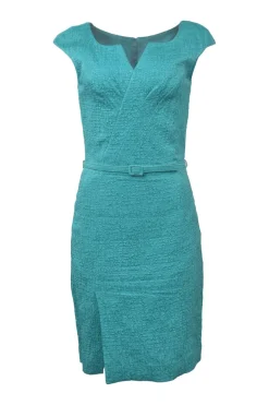 Teal cotton-blend bouclé tweed wrap-effect cap sleeve belted sheath dress with tucked bodice and vented skirt