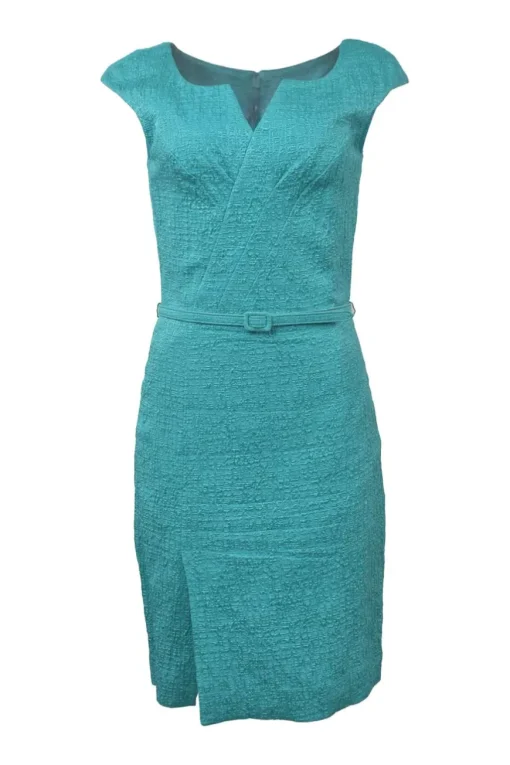 Teal cotton-blend bouclé tweed wrap-effect cap sleeve belted sheath dress with tucked bodice and vented skirt