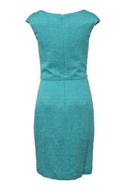 Teal cotton-blend bouclé tweed wrap-effect cap sleeve belted sheath dress with tucked bodice and vented skirt