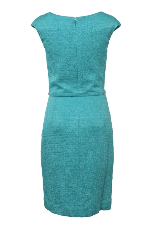 Teal cotton-blend bouclé tweed wrap-effect cap sleeve belted sheath dress with tucked bodice and vented skirt