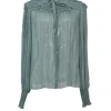 Teal crinkle silk button-front pussy-bow ruffle blouse with smocked cuffs
