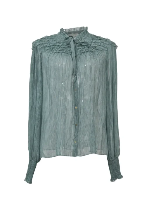 Teal crinkle silk button-front pussy-bow ruffle blouse with smocked cuffs
