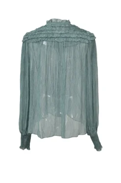 Teal crinkle silk button-front pussy-bow ruffle blouse with smocked cuffs