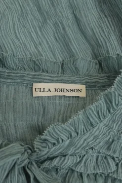 Teal crinkle silk button-front pussy-bow ruffle blouse with smocked cuffs