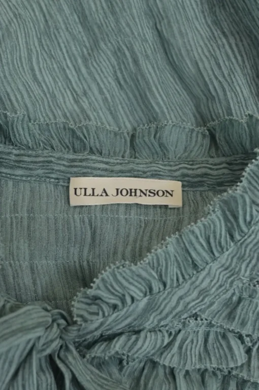 Teal crinkle silk button-front pussy-bow ruffle blouse with smocked cuffs