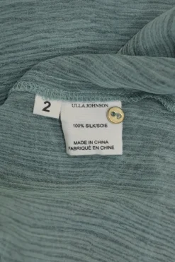 Teal crinkle silk button-front pussy-bow ruffle blouse with smocked cuffs