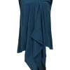 Teal draped acetate-blend sleeveless blouse with cascade ruffle detail at centre front