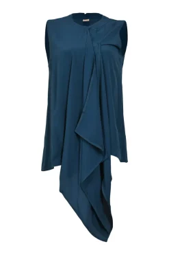 Teal draped acetate-blend sleeveless blouse with cascade ruffle detail at centre front