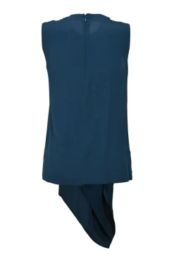 Teal draped acetate-blend sleeveless blouse with cascade ruffle detail at centre front