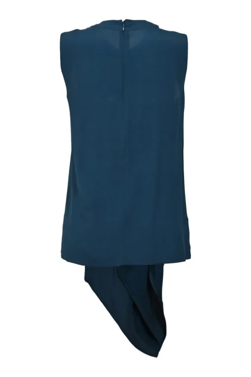 Teal draped acetate-blend sleeveless blouse with cascade ruffle detail at centre front
