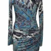 Teal draped silk abstract print wrap-effect long sleeve sheath dress with ruched hip