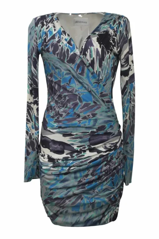 Teal draped silk abstract print wrap-effect long sleeve sheath dress with ruched hip