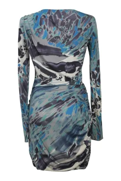 Teal draped silk abstract print wrap-effect long sleeve sheath dress with ruched hip