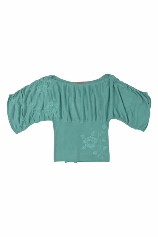 Teal draped silk-cashmere blend floral-embroidered bateau neck dolman sleeve knit blouse