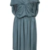 Teal draped viscose jersey knit bateau neck flutter sleeve blouson dress with portrait back
