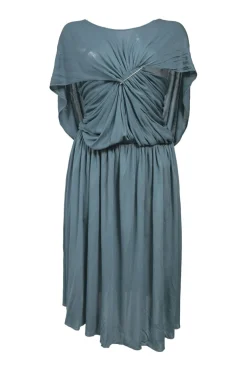 Teal draped viscose jersey knit bateau neck flutter sleeve blouson dress with portrait back