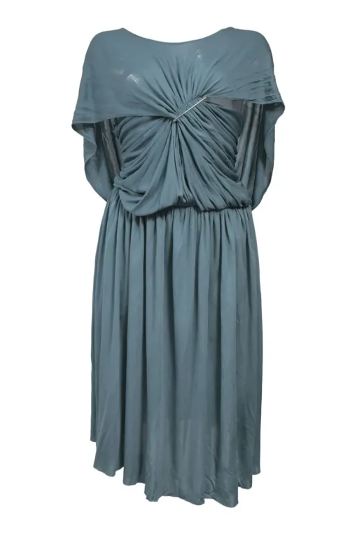 Teal draped viscose jersey knit bateau neck flutter sleeve blouson dress with portrait back