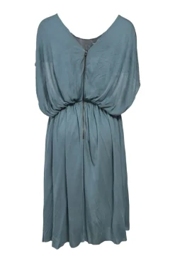 Teal draped viscose jersey knit bateau neck flutter sleeve blouson dress with portrait back