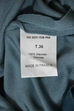 Teal draped viscose jersey knit bateau neck flutter sleeve blouson dress with portrait back