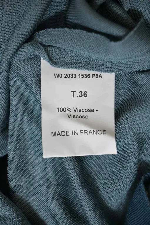 Teal draped viscose jersey knit bateau neck flutter sleeve blouson dress with portrait back